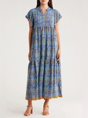 Blue Paisley Maxi Dress with Flutter Sleeves